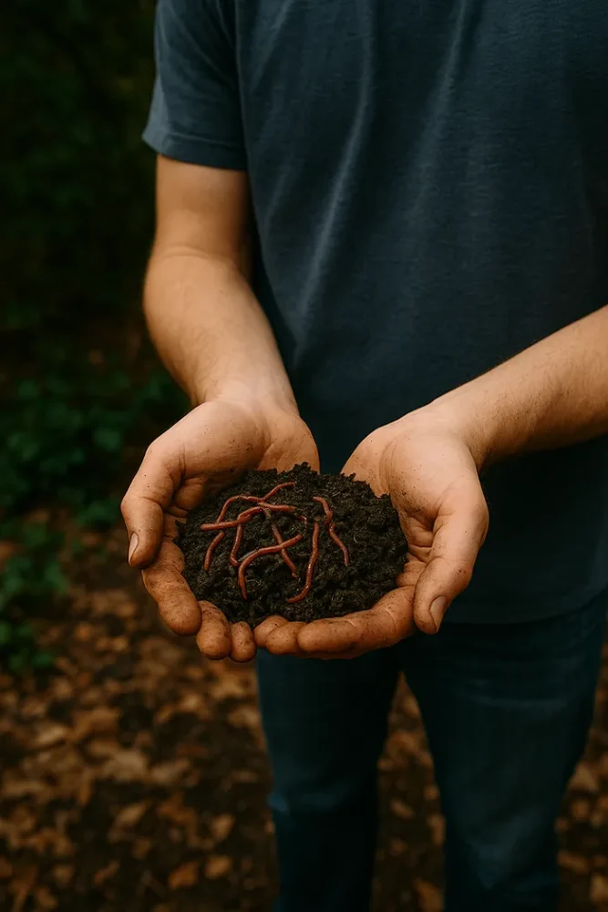 Man holding worms in dirt in hands