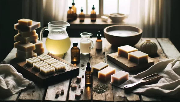 Display of soap making supplies and oils on wooden table