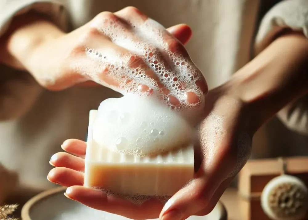 Hands lathering soap with bubbles