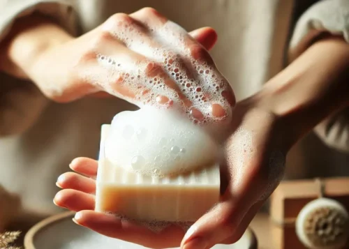 Hands lathering soap with bubbles